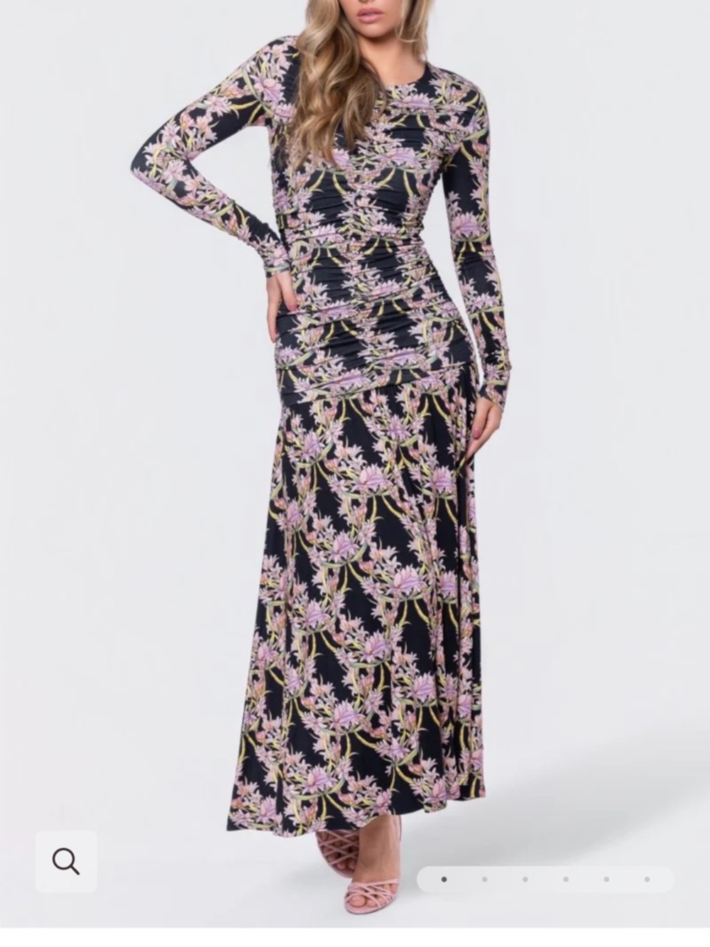 Ruched Long-Sleeve Floral Maxi Dress in Black and Pink